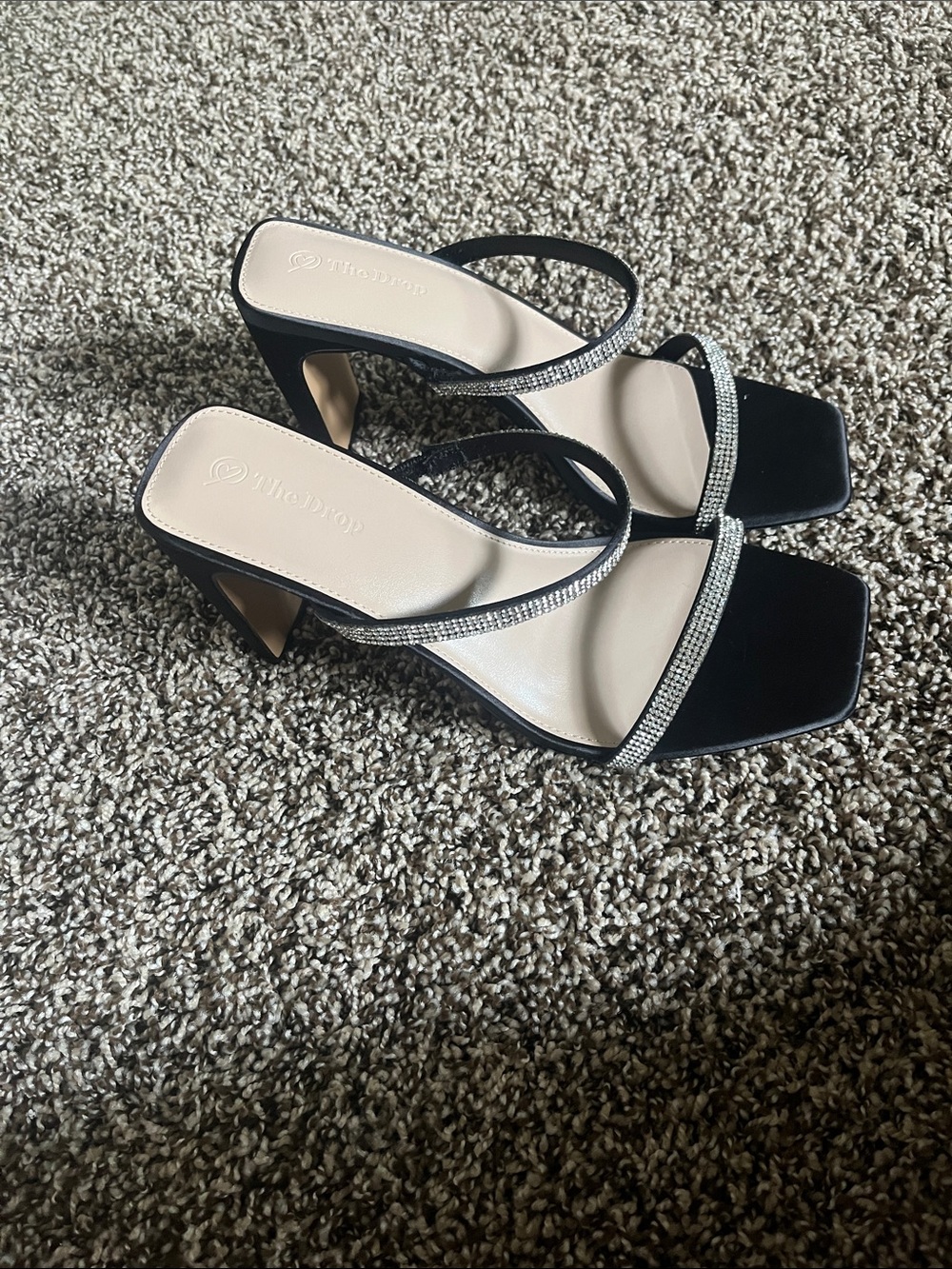 Embellished Strap Black Square-Toe Block Heels